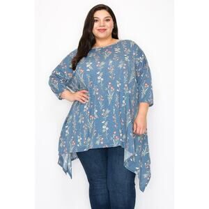 051 Curvy Lovey Flower Print Side Drape Tunic Top in Blue
